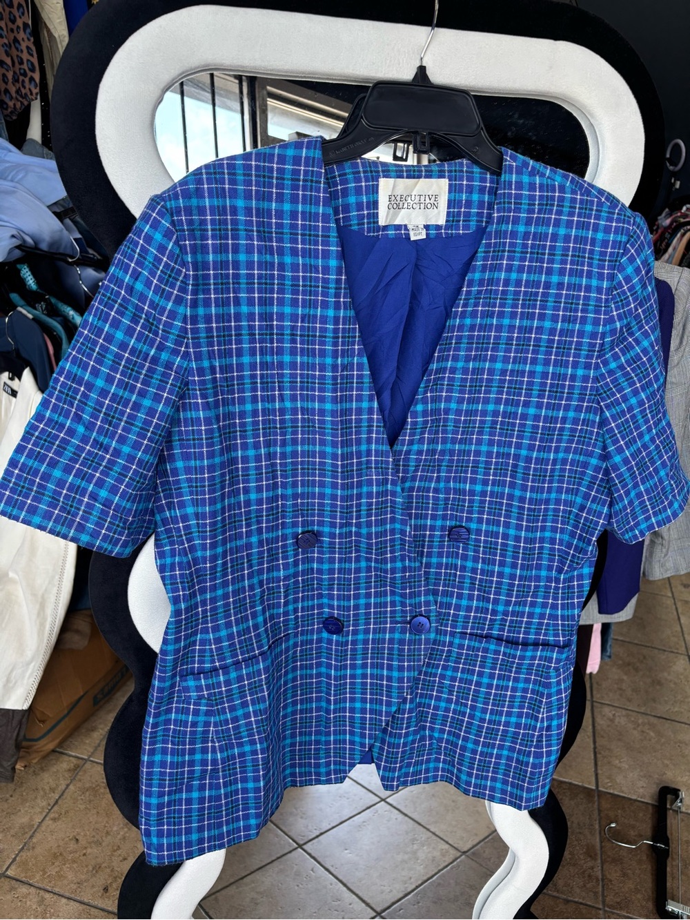 Executive Collection Blue Plaid Short-Sleeve Blazer